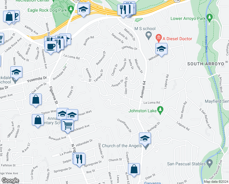 map of restaurants, bars, coffee shops, grocery stores, and more near 1544 La Loma Road in Pasadena