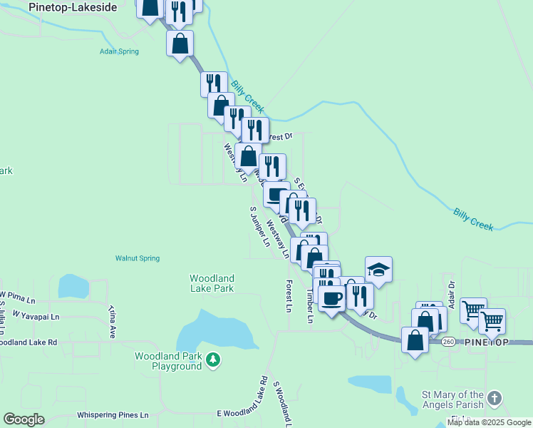 map of restaurants, bars, coffee shops, grocery stores, and more near 547 East White Mountain Boulevard in Pinetop-Lakeside