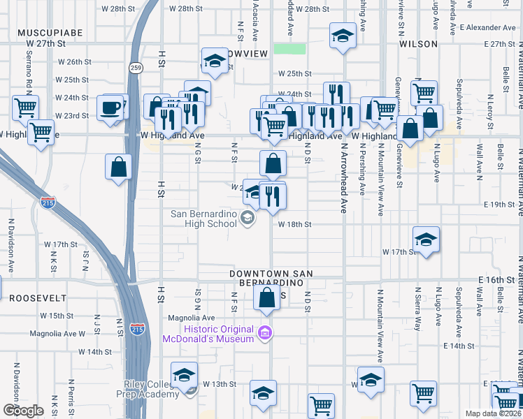 map of restaurants, bars, coffee shops, grocery stores, and more near 364 West 19th Street in San Bernardino