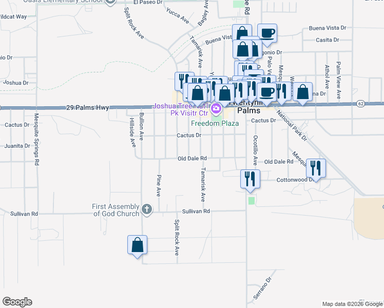 map of restaurants, bars, coffee shops, grocery stores, and more near 6678 Desert Queen Avenue in Twentynine Palms