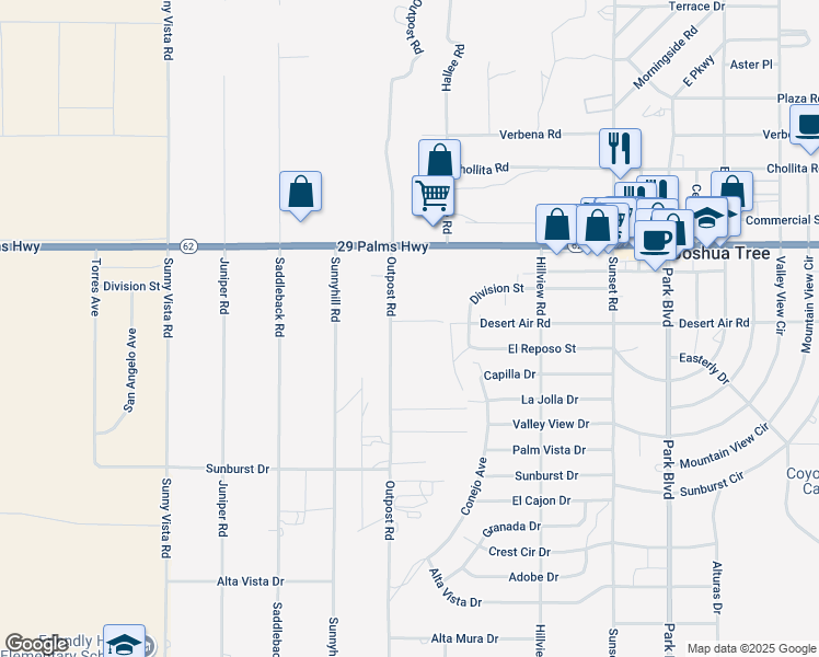 map of restaurants, bars, coffee shops, grocery stores, and more near 61329 Rocky Vista Street in Joshua Tree