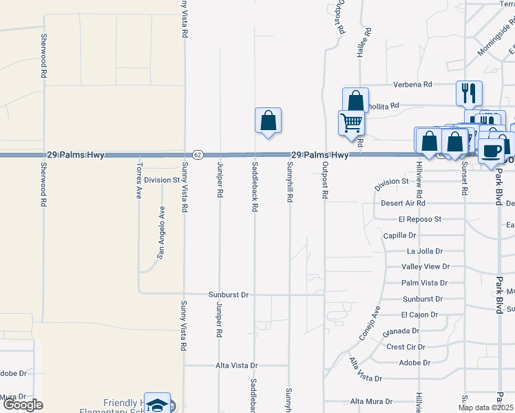 map of restaurants, bars, coffee shops, grocery stores, and more near 6689 Saddleback Road in Joshua Tree