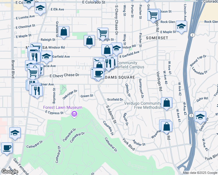 map of restaurants, bars, coffee shops, grocery stores, and more near 1118 East Palmer Avenue in Glendale