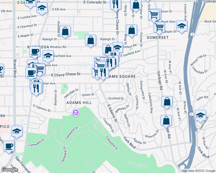 map of restaurants, bars, coffee shops, grocery stores, and more near 1116 East Palmer Avenue in Glendale