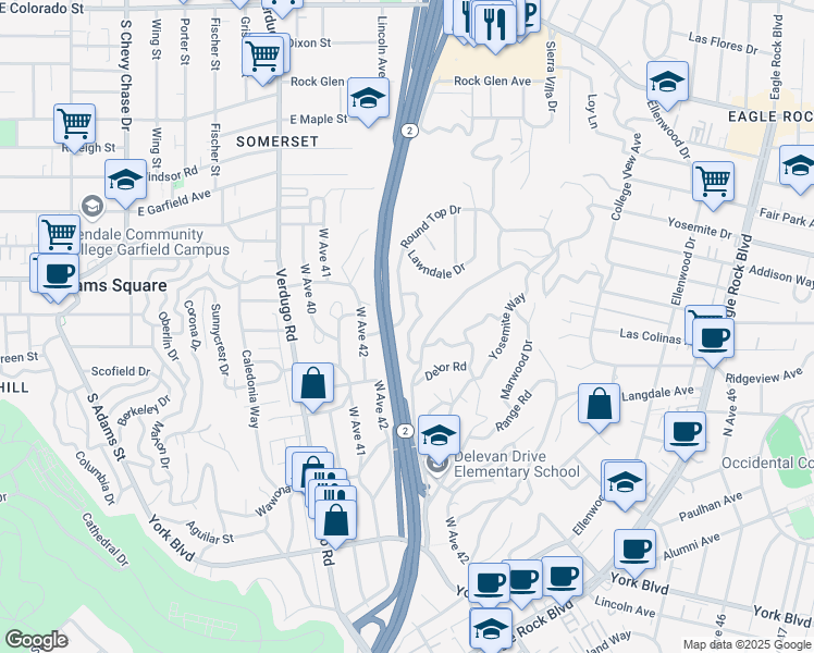 map of restaurants, bars, coffee shops, grocery stores, and more near 2856 Palmer Drive in Los Angeles