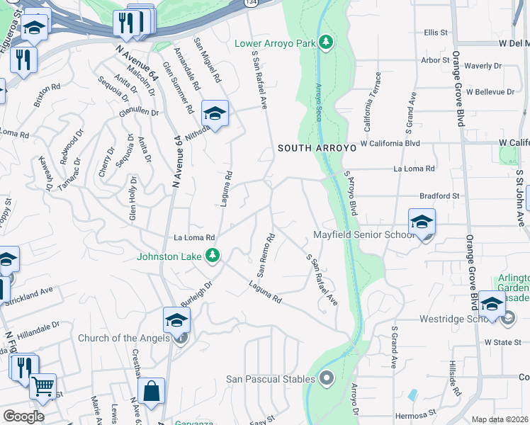 map of restaurants, bars, coffee shops, grocery stores, and more near 1051 La Loma Road in Pasadena