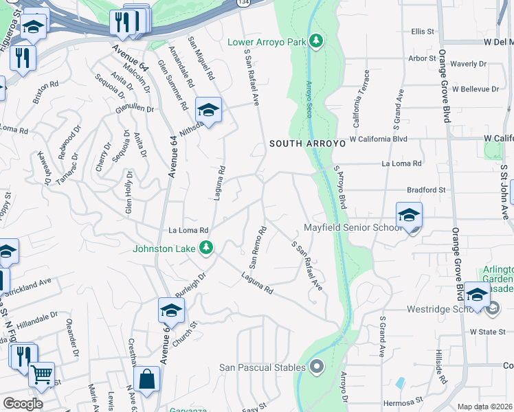 map of restaurants, bars, coffee shops, grocery stores, and more near South San Rafael Avenue in Pasadena