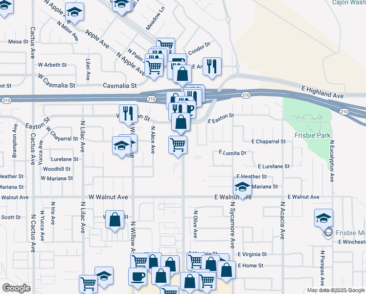 map of restaurants, bars, coffee shops, grocery stores, and more near 1796 Riverside Avenue in Rialto