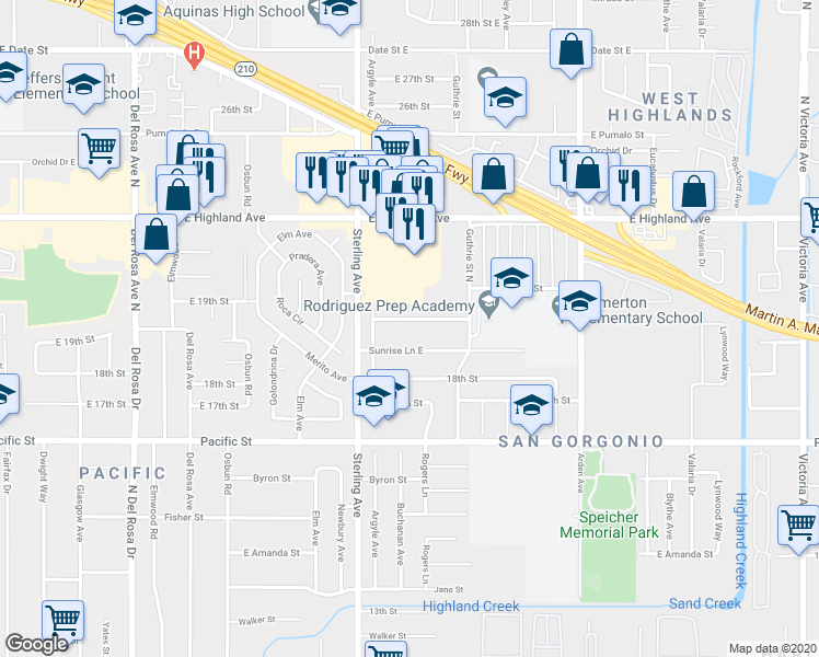 map of restaurants, bars, coffee shops, grocery stores, and more near 2095 East 19th Street in San Bernardino