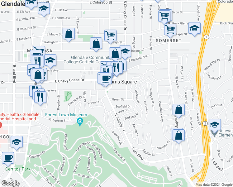 map of restaurants, bars, coffee shops, grocery stores, and more near 1116 East Palmer Avenue in Glendale