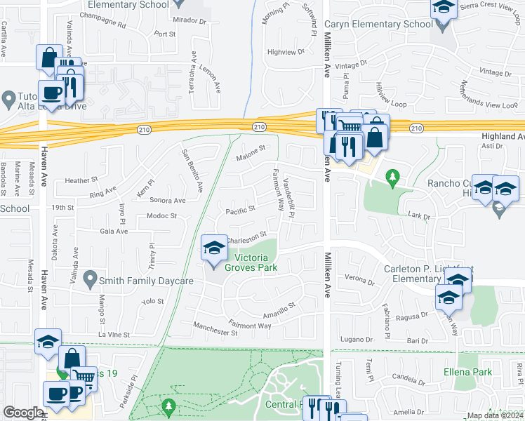 map of restaurants, bars, coffee shops, grocery stores, and more near 11117 Pacific Street in Rancho Cucamonga