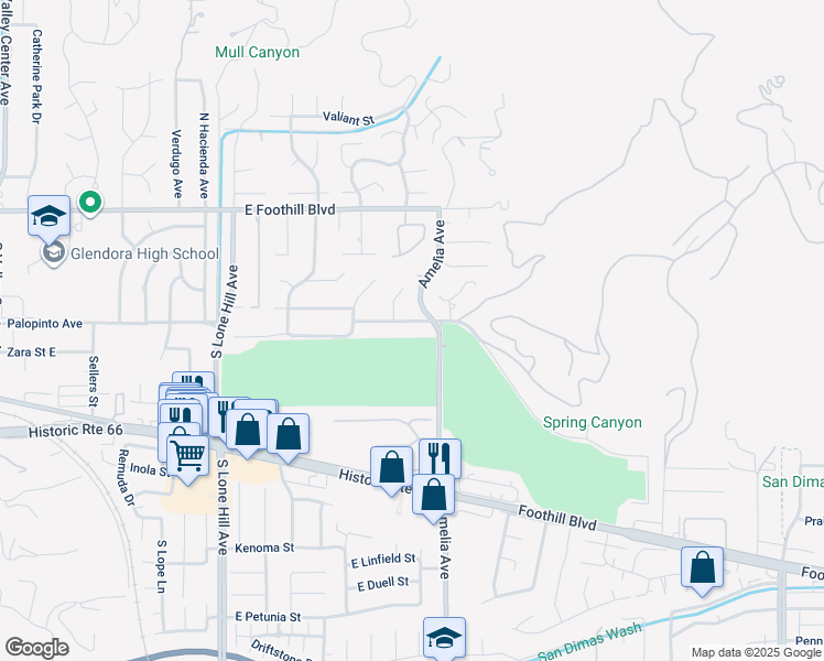 map of restaurants, bars, coffee shops, grocery stores, and more near 2220 Country Club Drive in Glendora