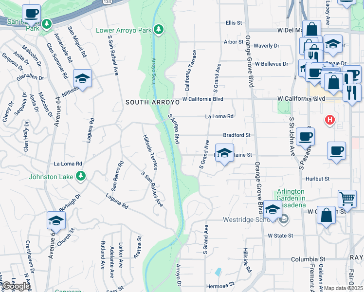 map of restaurants, bars, coffee shops, grocery stores, and more near 782 South Arroyo Boulevard in Pasadena