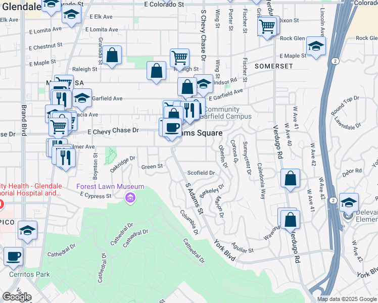map of restaurants, bars, coffee shops, grocery stores, and more near 1116 East Palmer Avenue in Glendale