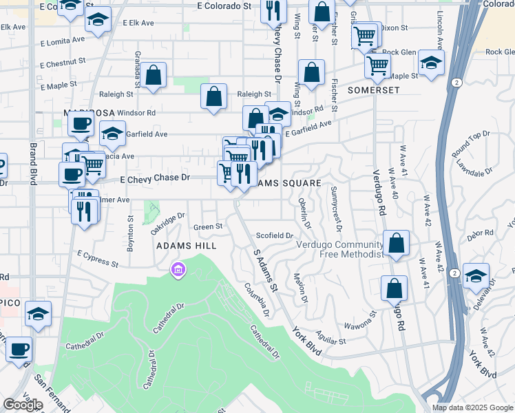 map of restaurants, bars, coffee shops, grocery stores, and more near 1118 East Palmer Avenue in Glendale