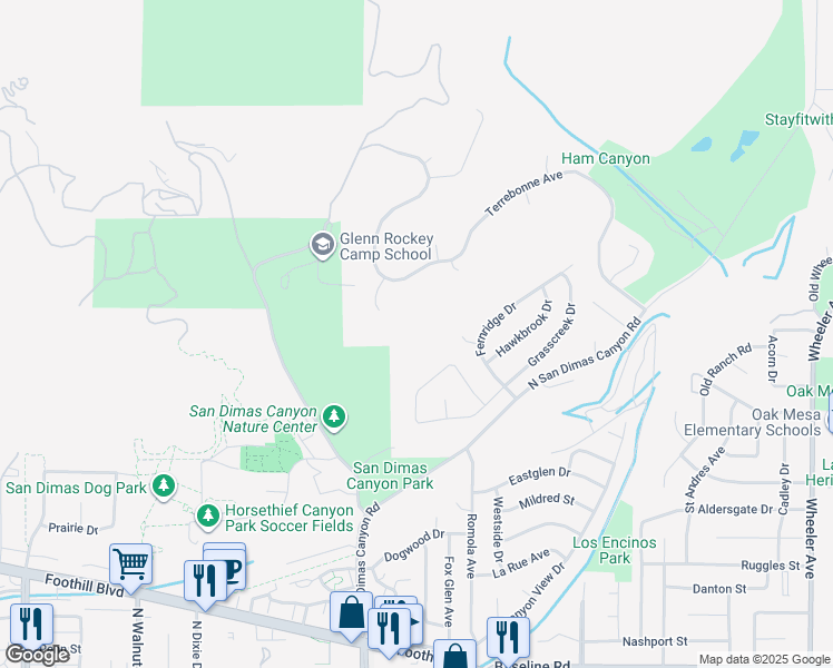 map of restaurants, bars, coffee shops, grocery stores, and more near 2457 Terrebonne Avenue in San Dimas