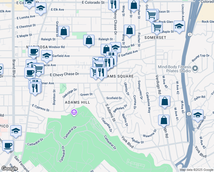 map of restaurants, bars, coffee shops, grocery stores, and more near 1116 East Palmer Avenue in Glendale