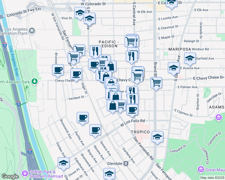 map of restaurants, bars, coffee shops, grocery stores, and more near 4400 San Fernando Road in Glendale