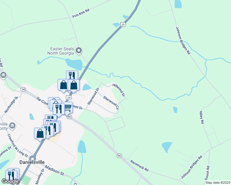 map of restaurants, bars, coffee shops, grocery stores, and more near 368 Hillwood Drive in Danielsville