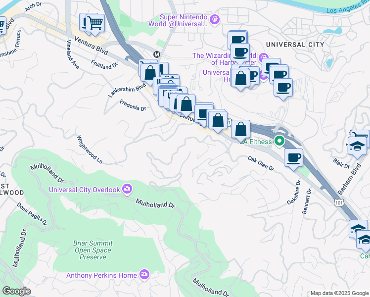 map of restaurants, bars, coffee shops, grocery stores, and more near 3716 Multiview Drive in Los Angeles
