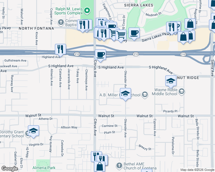 map of restaurants, bars, coffee shops, grocery stores, and more near 16208 Lumia Way in Fontana