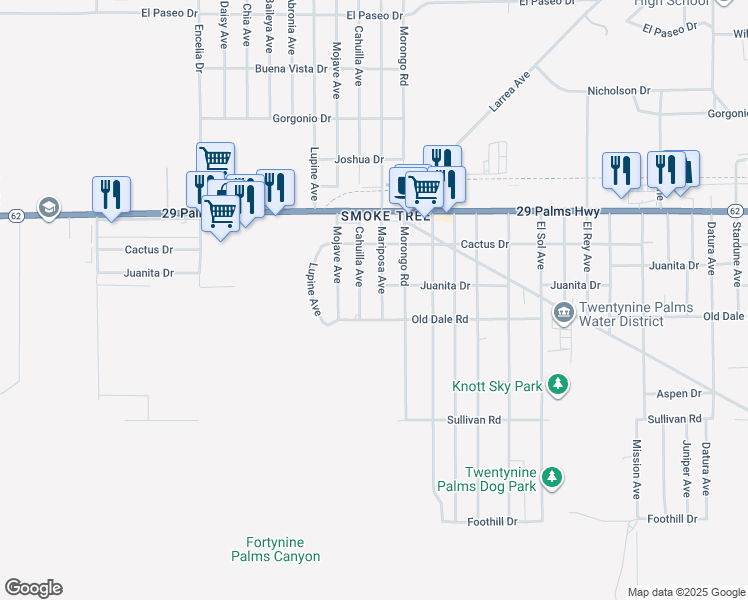 map of restaurants, bars, coffee shops, grocery stores, and more near 6666 Mariposa Avenue in Twentynine Palms