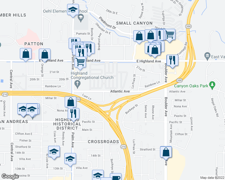 map of restaurants, bars, coffee shops, grocery stores, and more near 3895 Atlantic Avenue in Highland