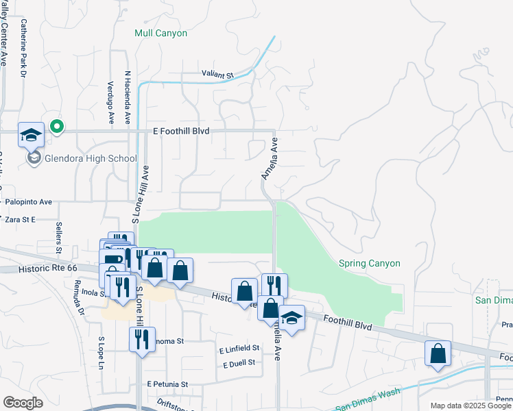 map of restaurants, bars, coffee shops, grocery stores, and more near 2220 Country Club Drive in Glendora