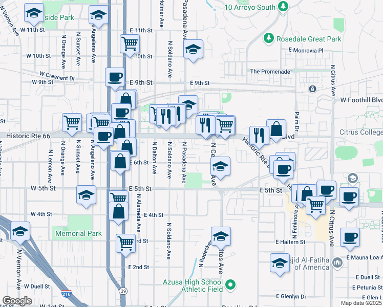 map of restaurants, bars, coffee shops, grocery stores, and more near 624 North Pasadena Avenue in Azusa