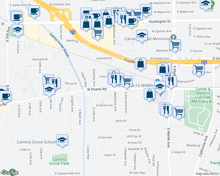 map of restaurants, bars, coffee shops, grocery stores, and more near 503 West Duarte Road in Monrovia