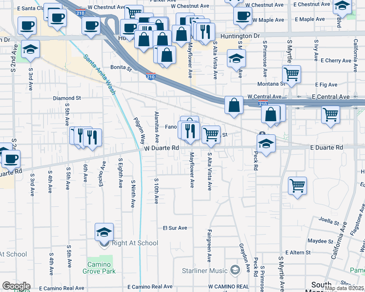 map of restaurants, bars, coffee shops, grocery stores, and more near 531 West Duarte Road in Monrovia