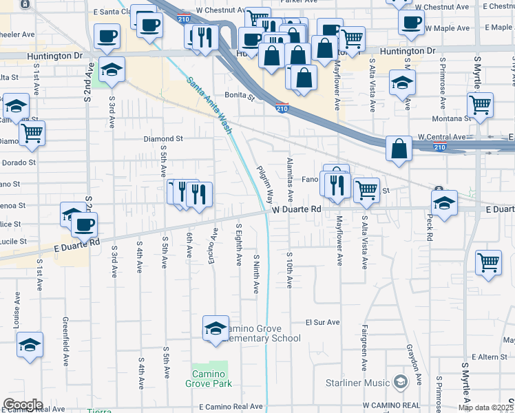 map of restaurants, bars, coffee shops, grocery stores, and more near 1729 Pilgrim Way in Monrovia