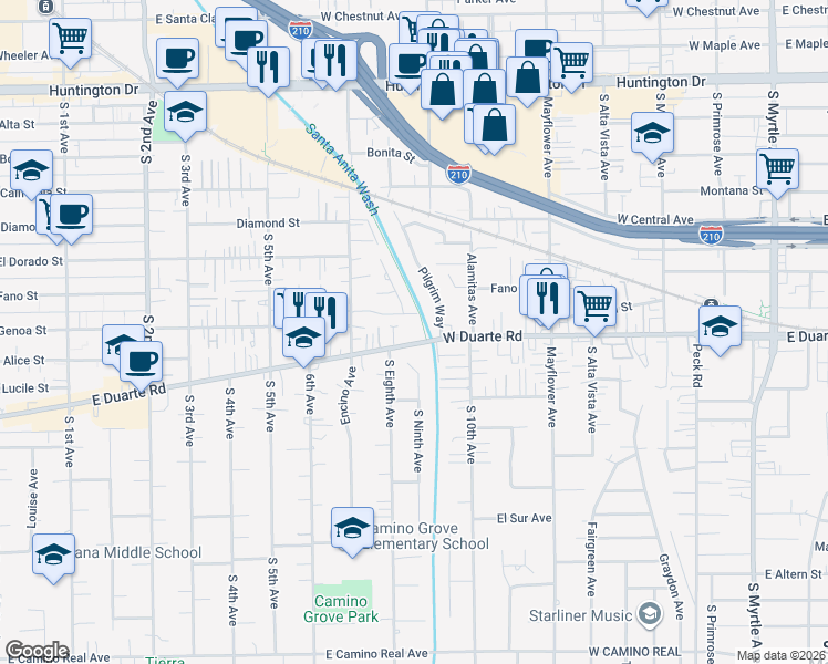 map of restaurants, bars, coffee shops, grocery stores, and more near 725 West Duarte Road in Monrovia