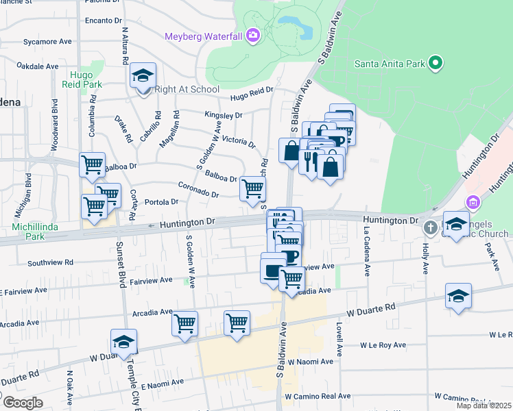map of restaurants, bars, coffee shops, grocery stores, and more near 723 South Old Ranch Road in Arcadia