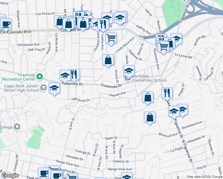 map of restaurants, bars, coffee shops, grocery stores, and more near 1426 Yosemite Drive in Los Angeles
