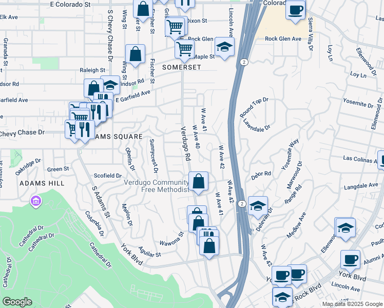 map of restaurants, bars, coffee shops, grocery stores, and more near 4508 Verdugo Road in Los Angeles