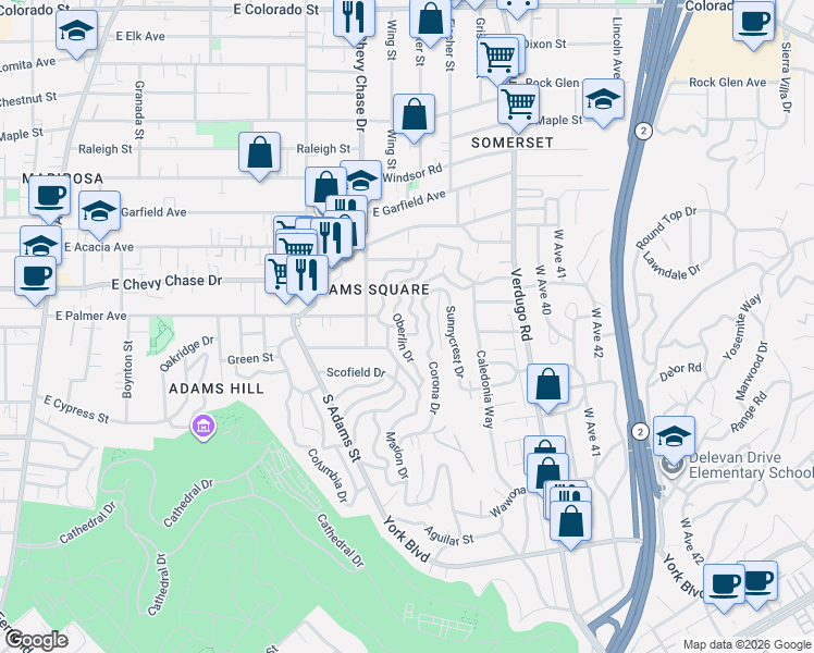 map of restaurants, bars, coffee shops, grocery stores, and more near 1140 Oberlin Drive in Glendale