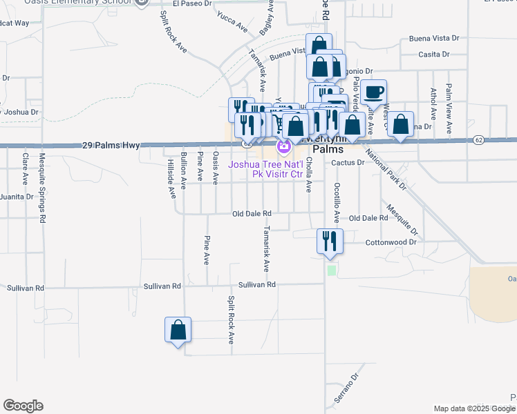 map of restaurants, bars, coffee shops, grocery stores, and more near 6686 Tamarisk Avenue in Twentynine Palms