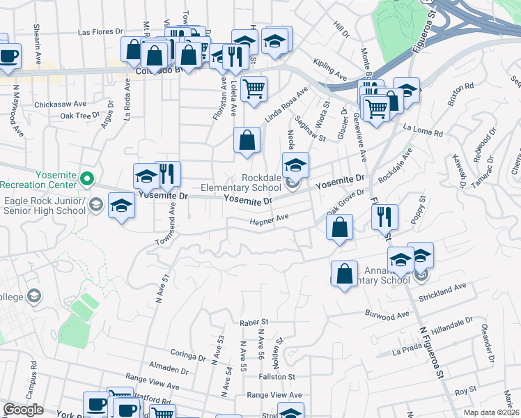 map of restaurants, bars, coffee shops, grocery stores, and more near 1418 Yosemite Drive in Los Angeles