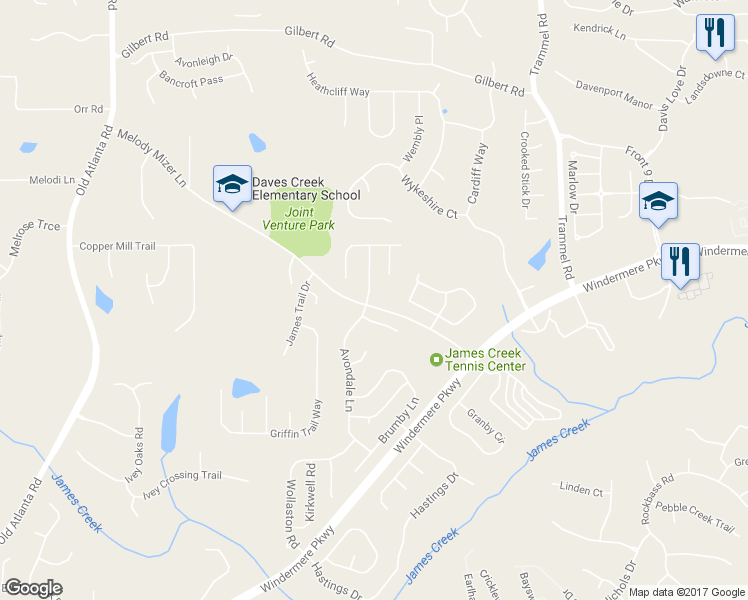 map of restaurants, bars, coffee shops, grocery stores, and more near 3610 Crowchild Drive in Cumming