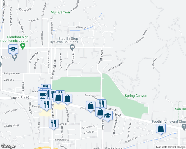 map of restaurants, bars, coffee shops, grocery stores, and more near 2220 Country Club Drive in Glendora