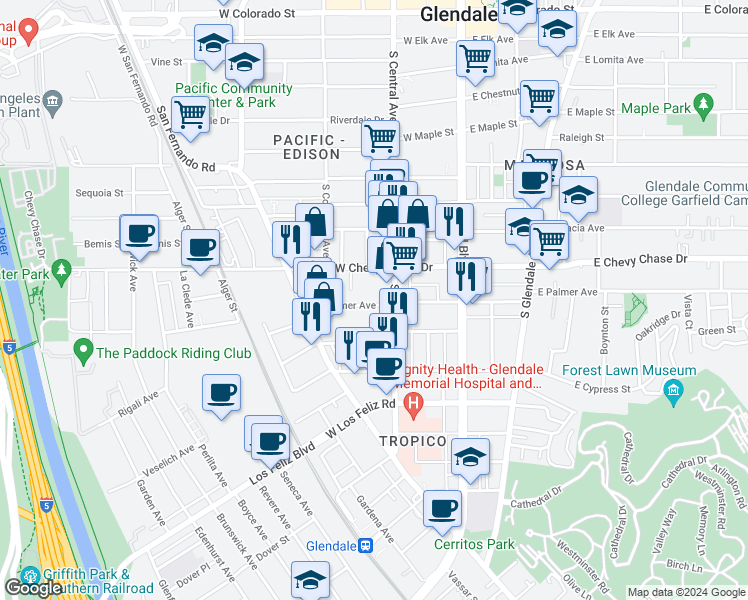 map of restaurants, bars, coffee shops, grocery stores, and more near 317 West Palmer Avenue in Glendale