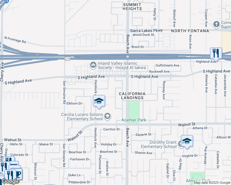 map of restaurants, bars, coffee shops, grocery stores, and more near 6691 Lindbergh Avenue in Fontana