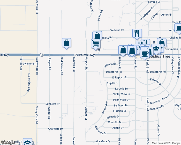 map of restaurants, bars, coffee shops, grocery stores, and more near 61329 Rocky Vista Street in Joshua Tree