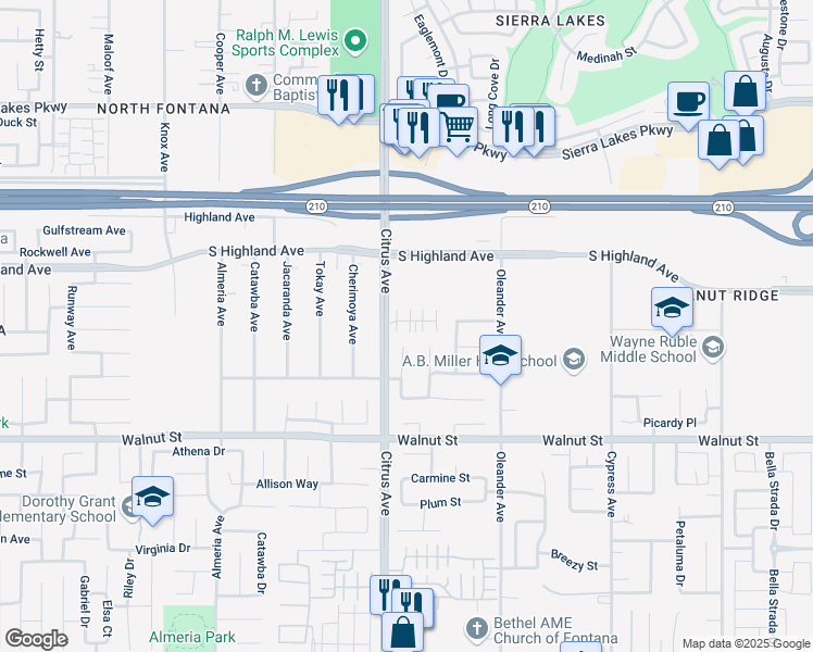 map of restaurants, bars, coffee shops, grocery stores, and more near 16163 Lumia Way in Fontana