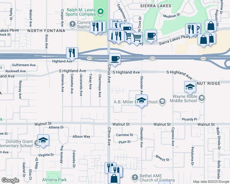 map of restaurants, bars, coffee shops, grocery stores, and more near 16175 Lumia Way in Fontana