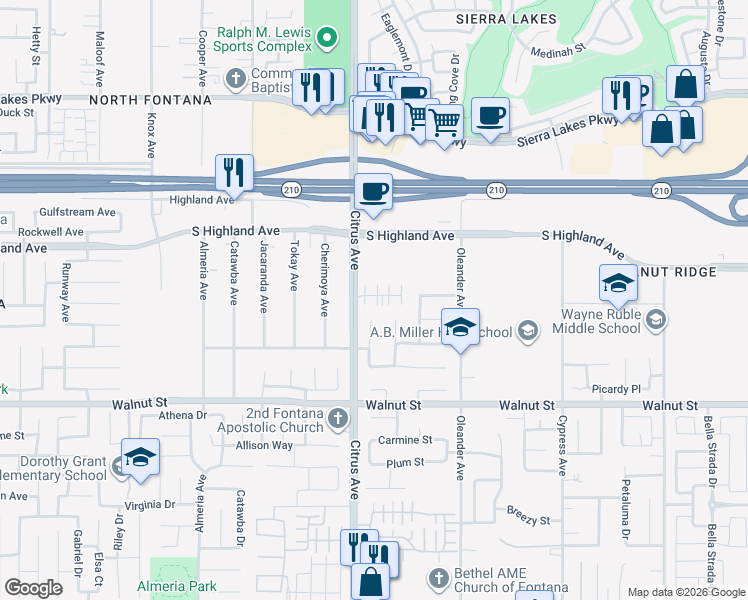 map of restaurants, bars, coffee shops, grocery stores, and more near 16183 Lumia Way in Fontana