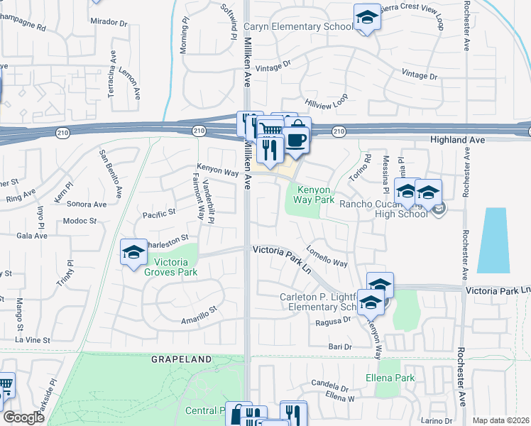 map of restaurants, bars, coffee shops, grocery stores, and more near 11362 Windhaven Court in Rancho Cucamonga