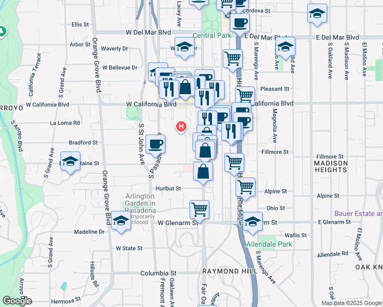 map of restaurants, bars, coffee shops, grocery stores, and more near 725-855 Fairmount Avenue South in Pasadena