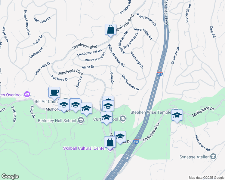 map of restaurants, bars, coffee shops, grocery stores, and more near 3394 Alana Drive in Los Angeles